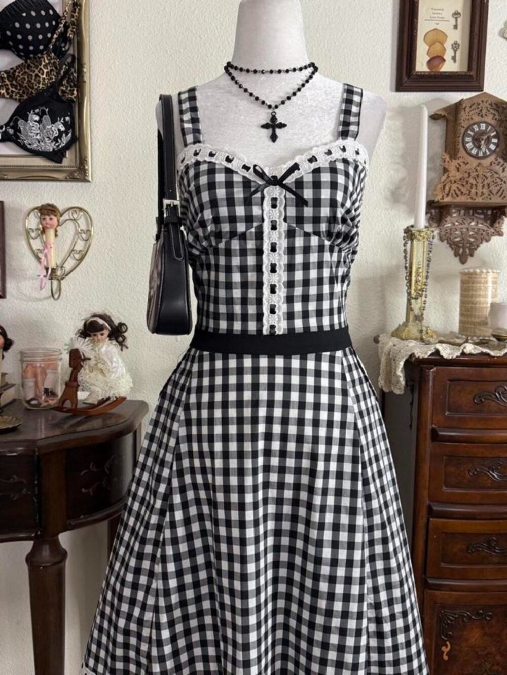 BNWT retro style rockabilly goth black and white gingham flared midi dress